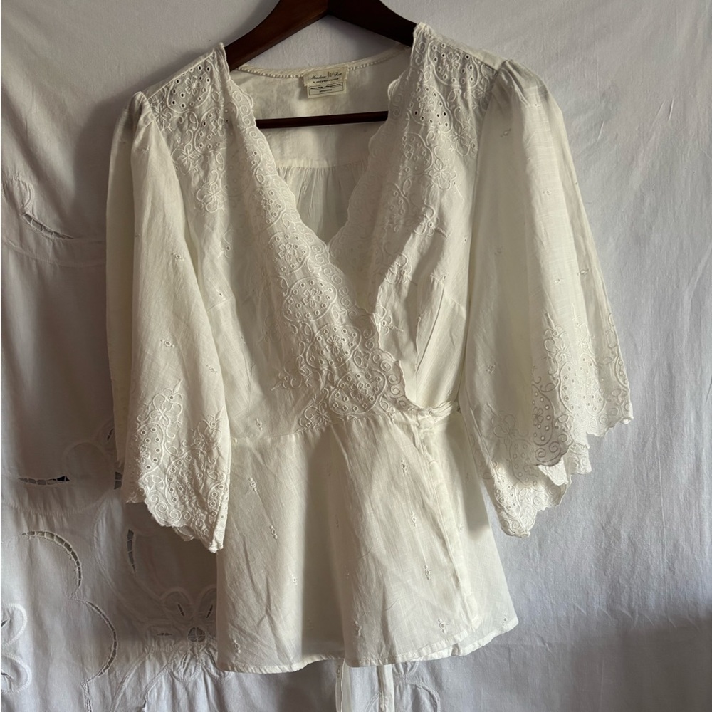 Off white top with intricate with eyelet embroidery, vintage bohemian, prairie.